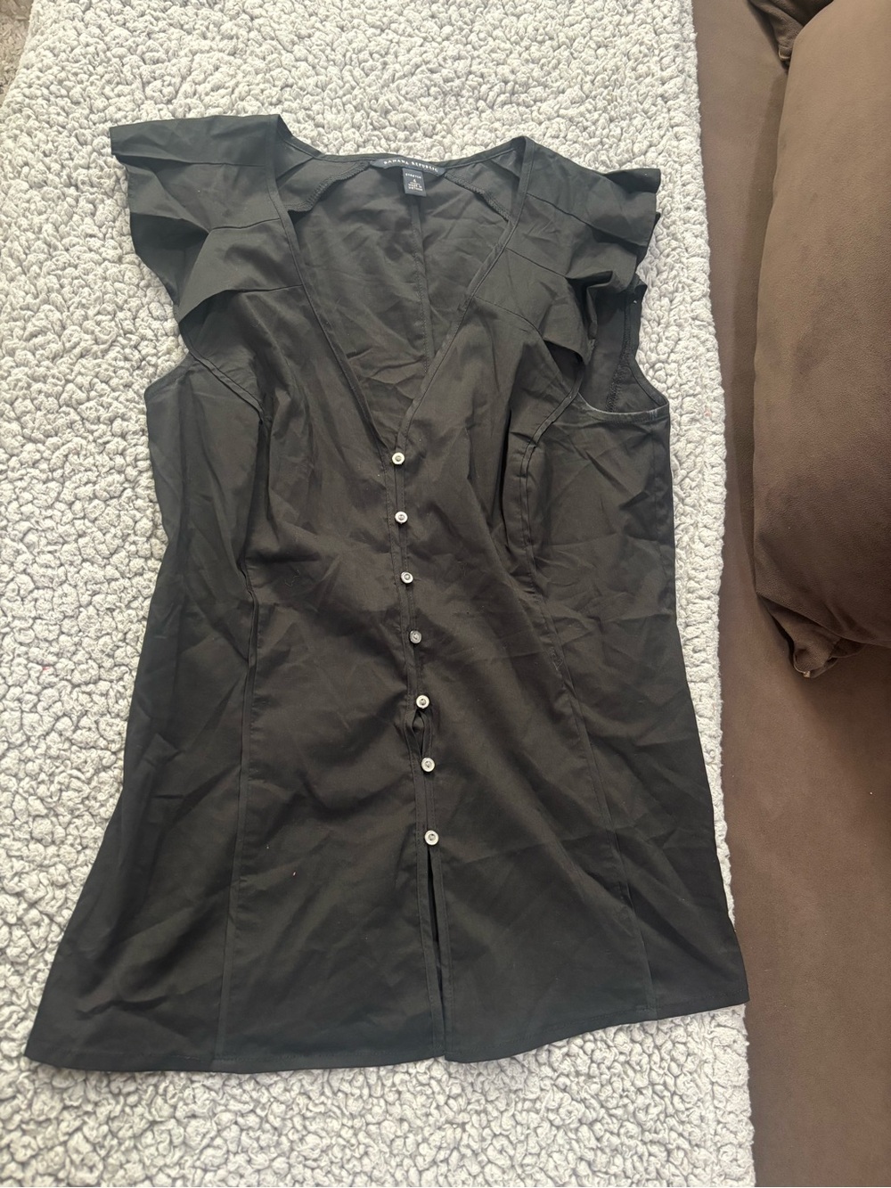 Banana Republic Black V-Neck Button-Front Top with Flutter Cap Sleeves